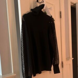 Marled Black Turtleneck Sweater with Lace Sleeves